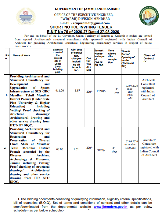 	Providing Architectural and Structural Consultancy for Restoration and Preservation of Ziyarat Chote Shah at Mendhar Tehsil Mendhar District Poonch Accorded by the Director, Archives, Archaeology Museums, Jammu including Vetting/ Proof checking of