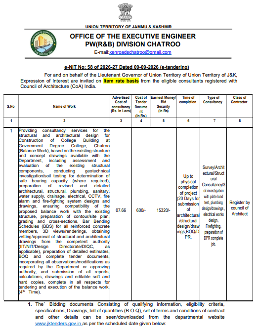 	Providing consultancy services for the structural and architectural design for Construction of College Building at Government Degree College, Chatroo (Balance Work).