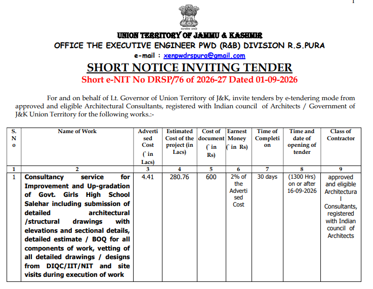 Consultancy service for Improvement and Up-gradation of Govt. Girls High School Salehar including submission of detailed architectural /structural drawings with elevations and sectional details, detailed estimate / BOQ for all components of work, vet